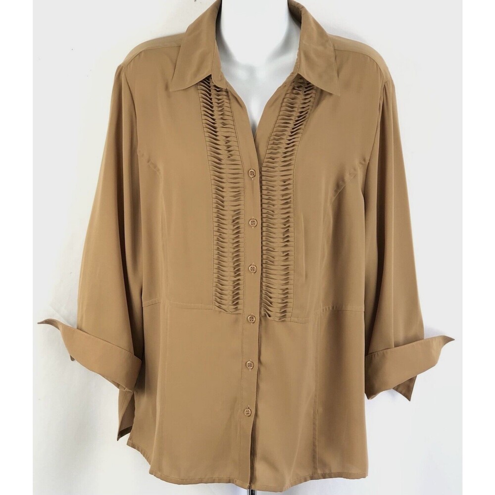 Kathy Che FlowyTop XL Blouse Brown FishBone Pleated Cuffed 3/4 sleeve Edwardian